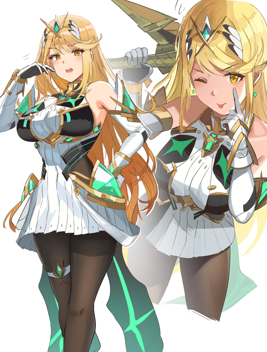 absurdres bangs bare_shoulders blonde_hair breasts chest_jewel dress earrings elbow_gloves gloves highres jewelry large_breasts long_hair mythra_(xenoblade) ormille pantyhose short_dress super_smash_bros. swept_bangs thigh_strap tiara very_long_hair white_dress white_gloves xenoblade_chronicles_(series) xenoblade_chronicles_2 yellow_eyes
