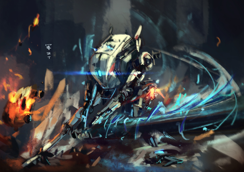 absurdres blue_eyes electricity fire glowing glowing_eye highres holding holding_sword holding_weapon huge_filesize jun_zt looking_to_the_side mecha no_humans one-eyed ronin_(titanfall_2) science_fiction solo sunrise_stance sword titanfall_(series) titanfall_2 weapon