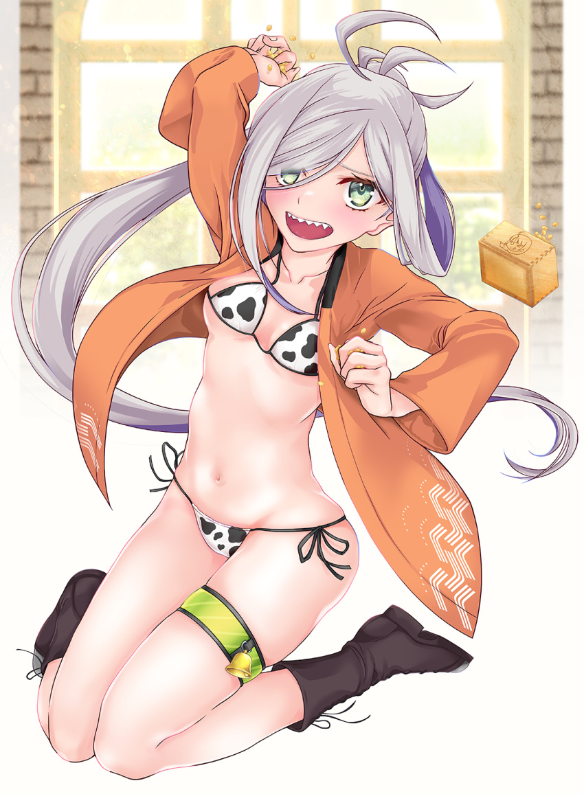 1girl ahoge animal_print asashimo_(kancolle) beans bell bikini black_footwear boots box breasts cow_print cross-laced_footwear full_body green_eyes hair_over_one_eye happi highres japanese_clothes kantai_collection lace-up_boots long_hair marie_(bethlehem) masu ponytail sharp_teeth side-tie_bikini silver_hair sitting small_breasts solo swimsuit teeth thigh_strap throwing wariza white_bikini window