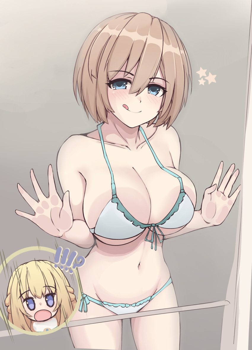 1girl absurdres against_glass alternate_breast_size bare_shoulders blanc blue_eyes breast_press breasts breasts_on_glass brown_hair folait highres large_breasts licking_lips looking_at_viewer navel neptune_(series) short_hair smile solo swimsuit swimwear tongue tongue_out vert