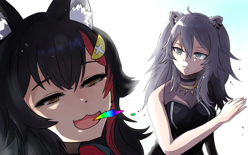 2girls animal_ear_fluff animal_ears bangs black_hair breasts brown_eyes eyebrows_visible_through_hair grey_eyes grey_hair highres hololive lion_ears lion_girl medium_breasts multicolored_hair multiple_girls ookami_mio rainbow red_hair shaded_face shishiro_botan slapping spitting streaked_hair tfognwsbandit virtual_youtuber wolf_ears wolf_girl