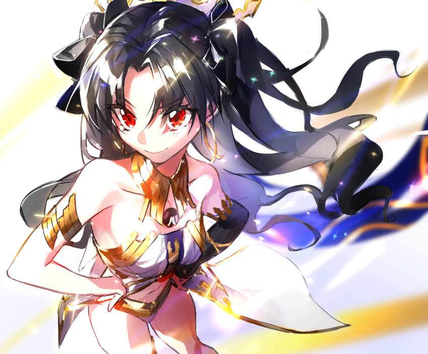 1girl absurdres armlet asymmetrical_sleeves bangs bikini black_bow black_hair black_sleeves bow bra breasts detached_sleeves earrings eyebrows_visible_through_hair fate/grand_order fate_(series) foreshortening hair_bow hands_on_hips highres hoop_earrings ishtar_(fate) ishtar_(fate)_(all) jewelry medium_breasts mismatched_bikini neck_ring parted_bangs red_eyes single_detached_sleeve solo swimsuit tiara two_side_up underwear wattaro white_bra