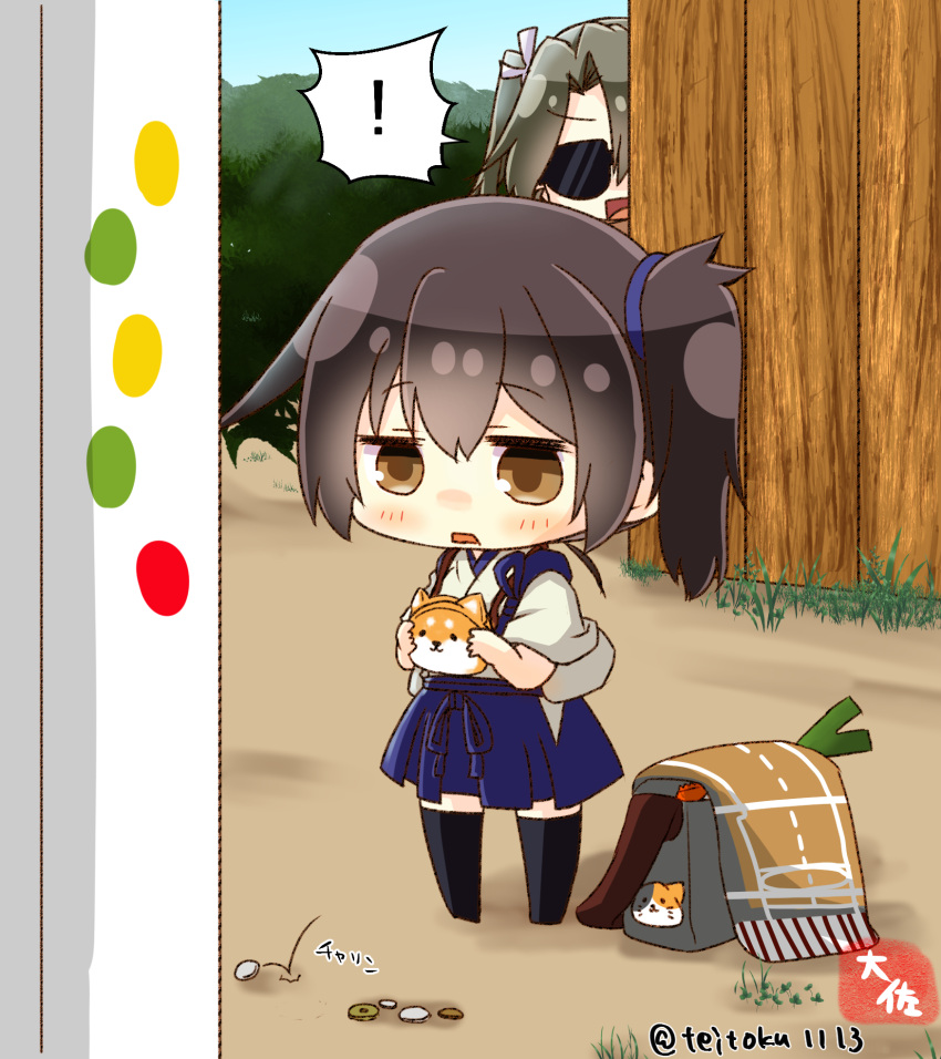 ! 2girls artist_name bag bangs blue_hakama blush brown_eyes brown_hair chibi coin coin_purse day eyebrows_visible_through_hair green_hair hair_ribbon hajimete_no_otsukai hakama hakama_skirt highres holding japanese_clothes kaga_(kancolle) kantai_collection long_hair minigirl multiple_girls open_mouth outdoors ribbon side_ponytail spoken_exclamation_mark standing sunglasses taisa_(kari) twintails zuikaku_(kancolle)