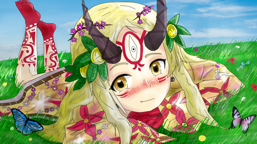 1girl bandi berserker blonde_hair blush facial_mark fate/grand_order fate_(series) flower highres horns ibaraki_douji_(fate) japanese_clothes kimono nature oni oni_horns sharp_toenails spring_(season) tattoo toenails yellow_eyes yellow_kimono