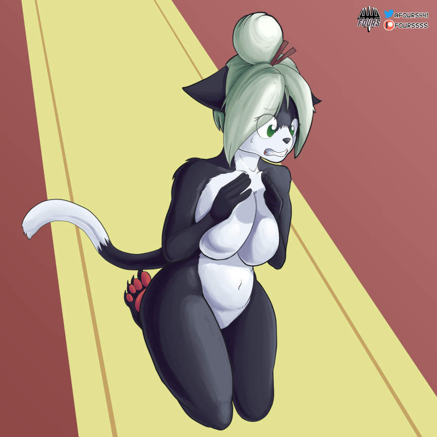 accessory anthro big_breasts bittersweet_candy_bowl black_body black_fur breasts domestic_cat felid feline felis female fours_(artist) fur green_eyes hair hair_accessory hi_res jasmine_(bcb) kneeling mammal nude pawpads solo webcomic webcomic_character white_hair