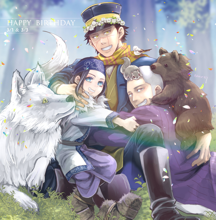 1girl 2boys absurdres ainu_clothes animal animal_on_back animal_on_head animal_on_shoulder asirpa bear bird bird_on_shoulder black_footwear black_hair blue_bandana blue_eyes blurry blurry_background boots brown_eyes buzz_cut cub dated fur_boots fur_scarf golden_kamuy grass grey_hair grin happy_birthday head_wreath highres hug looking_at_viewer military military_uniform multiple_boys nameko_(mds) on_head outdoors retar scarf shiraishi_yoshitake short_hair sideburns smile squirrel sugimoto_saichi uniform very_short_hair yellow_eyes yellow_scarf