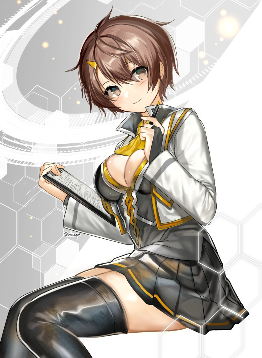 1girl ascot bangs black_legwear black_skirt blush border_break breasts bridal_gauntlets brown_eyes brown_hair bure-chan cleavage clipboard closed_mouth cropped_jacket eyebrows_visible_through_hair feet_out_of_frame fuupu hair_between_eyes hair_ornament hairclip highres holding holding_clipboard holding_pen invisible_chair jacket long_sleeves looking_at_viewer medium_breasts miniskirt open_clothes open_jacket pen pleated_skirt short_hair sitting skirt smile solo thighhighs twitter_username white_jacket yellow_neckwear zettai_ryouiki