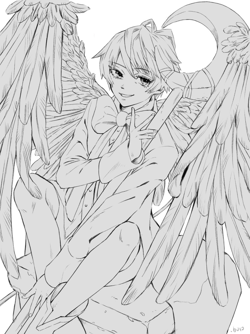 1boy boso_boso0 bow eyelashes feathered_wings feathers greyscale highres holding holding_staff knees_up loki_(matantei_loki_ragnarok) male_focus matantei_loki_ragnarok monochrome short_hair sitting smile solo staff wings