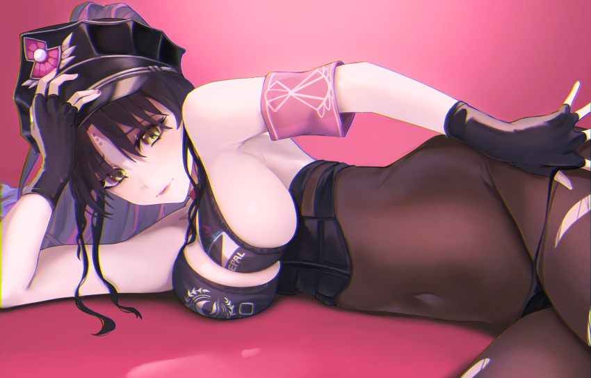 absurdres arm_support armband black_hair black_legwear breasts covered_navel fate/grand_order fate_(series) fingerless_gloves fingernails gloves hat highres large_breasts long_hair lying matsukan_(dug_pile) on_side pale_skin see-through sesshouin_kiara sesshouin_kiara_(swimsuit_mooncancer)_(fate) sideboob torn_clothes undressing yellow_eyes