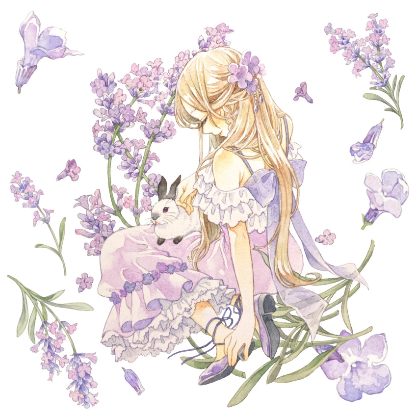 1girl blush bunny closed_eyes dress flower frilled_dress frills highres lavender_(flower) original profile purple_dress purple_flower purple_footwear shoes solo traditional_media watercolor_(medium) white_background yuufuushi