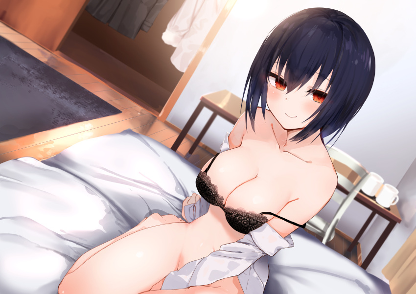 amamitsu_kousuke bed bra nopan open_shirt original purple_hair short_hair underwear