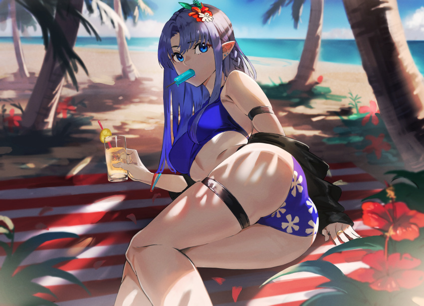 1girl absurdres alternate_costume ass beach beach_towel bikini blue_bikini blue_eyes blue_hair braid breasts caster day earrings fate/grand_order fate_(series) flower hair_flower hair_ornament highres huge_filesize jewelry long_hair lying medium_breasts ocean on_side outdoors palm_tree pointy_ears red_flower sand side_braid solo swimsuit thigh_strap towel tree you-6-11