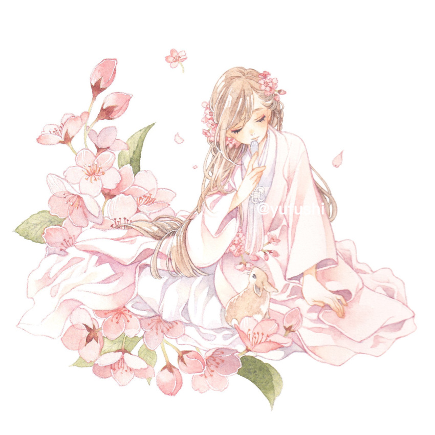 1girl animal blush brown_hair bunny cherry_blossoms closed_eyes flower hair_flower hair_ornament highres leaf long_hair long_sleeves original petals pink_flower solo traditional_media twitter_username watercolor_(medium) yuufuushi