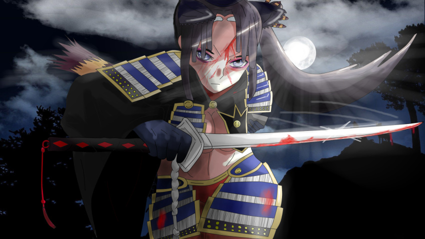 1girl armor bandi black_hair blood blue_eyes blush breasts cleavage eyebrows_visible_through_hair fate/grand_order fate_(series) highres japanese_armor long_hair moon night sword ushiwakamaru_(fate) weapon