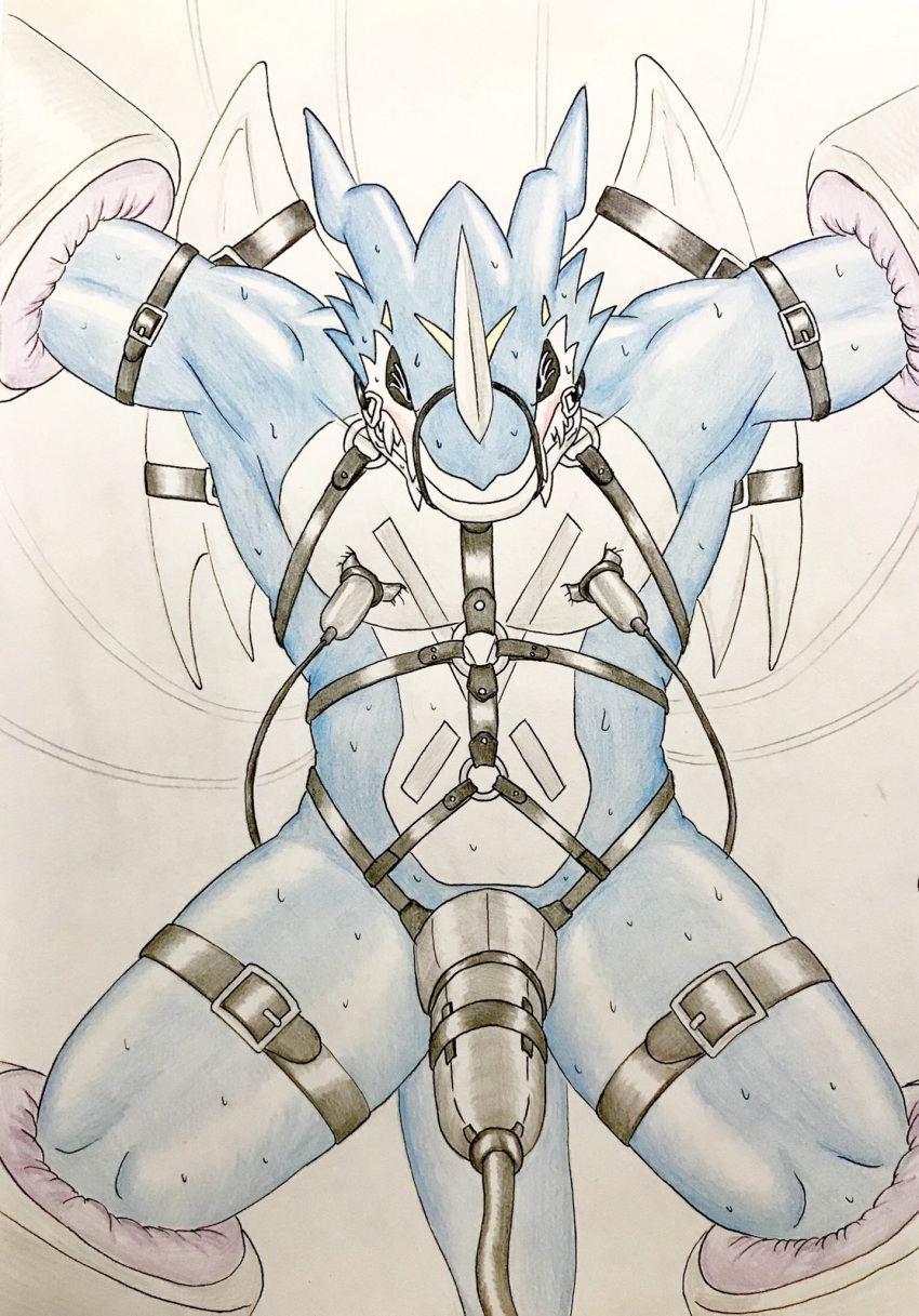 anthro bdsm blue_body blue_skin bodily_fluids bondage bound bound_wings breast_milking breasts digimon digimon_(species) dragon exveemon eyes_closed gag gagged genitals hi_res horn lactating machine male membrane_(anatomy) membranous_wings muzzle_(object) muzzled penile penis penis_milking restrained scalie shackles solo sweat traditional_media_(artwork) wings zazpihuts