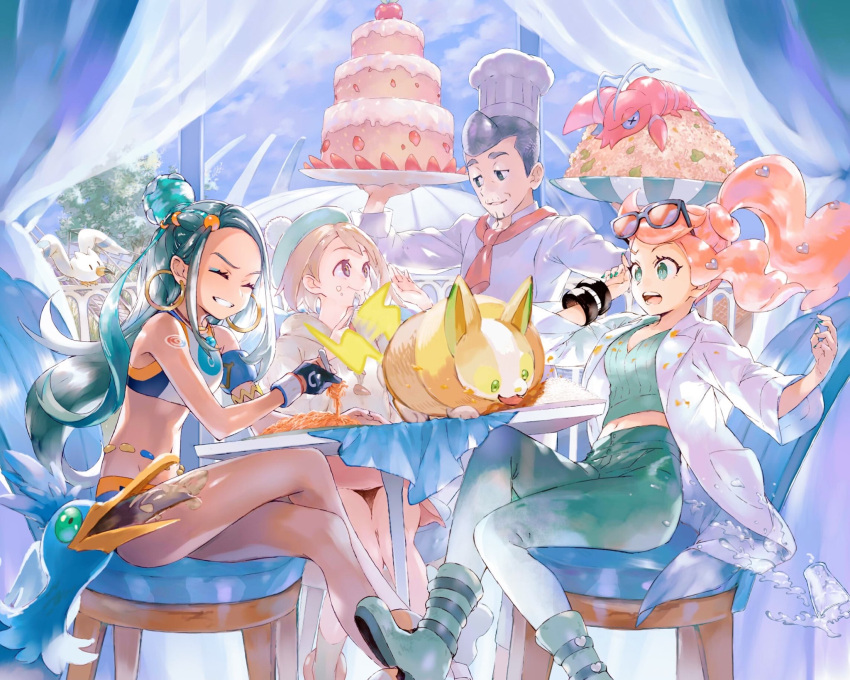 1boy 3girls armlet belly_chain bike_shorts blue_eyeshadow boots bracelet brown_hair brown_panties cardigan chair clauncher closed_eyes commentary_request cook_(pokemon) cramorant curry dark_skin dark_skinned_female dynamax_band earrings eyelashes eyeshadow eyewear_on_head food food_on_face gen_3_pokemon gen_6_pokemon gen_8_pokemon glass gloria_(pokemon) gloves green_eyes green_footwear green_headwear green_nails green_shirt grey_cardigan grin gym_leader hair_bun hair_ornament hat heart heart_hair_ornament highres holding hooded_cardigan hoop_earrings jewelry long_hair makeup multiple_girls nail_polish necklace nessa_(pokemon) orange_hair orange_mikan panties pants pantyshot pokemon pokemon_(creature) pokemon_(game) pokemon_swsh ribbed_shirt rice shirt sitting smile sonia_(pokemon) spilling sunglasses table tablecloth tail tail_wagging tam_o'_shanter underwear water wingull yamper