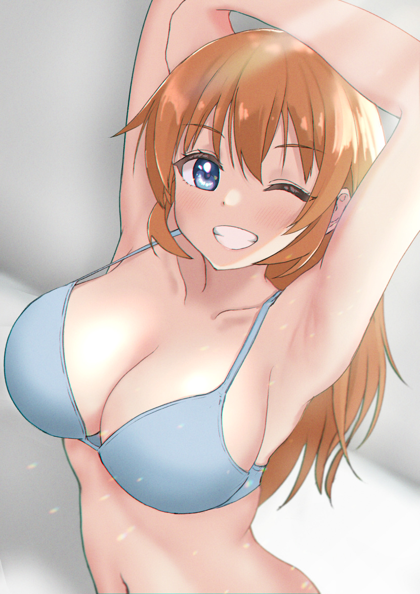 1girl absurdres armpits arms_up bikini blue_eyes blush breasts brown_hair charlotte_e_yeager cleavage collarbone eyebrows_visible_through_hair grin highres huge_filesize kuroniko large_breasts long_hair looking_at_viewer navel one_eye_closed parted_lips shiny shiny_hair simple_background smile solo strike_witches swimsuit swimwear teeth upper_body white_background white_bikini world_witches_series