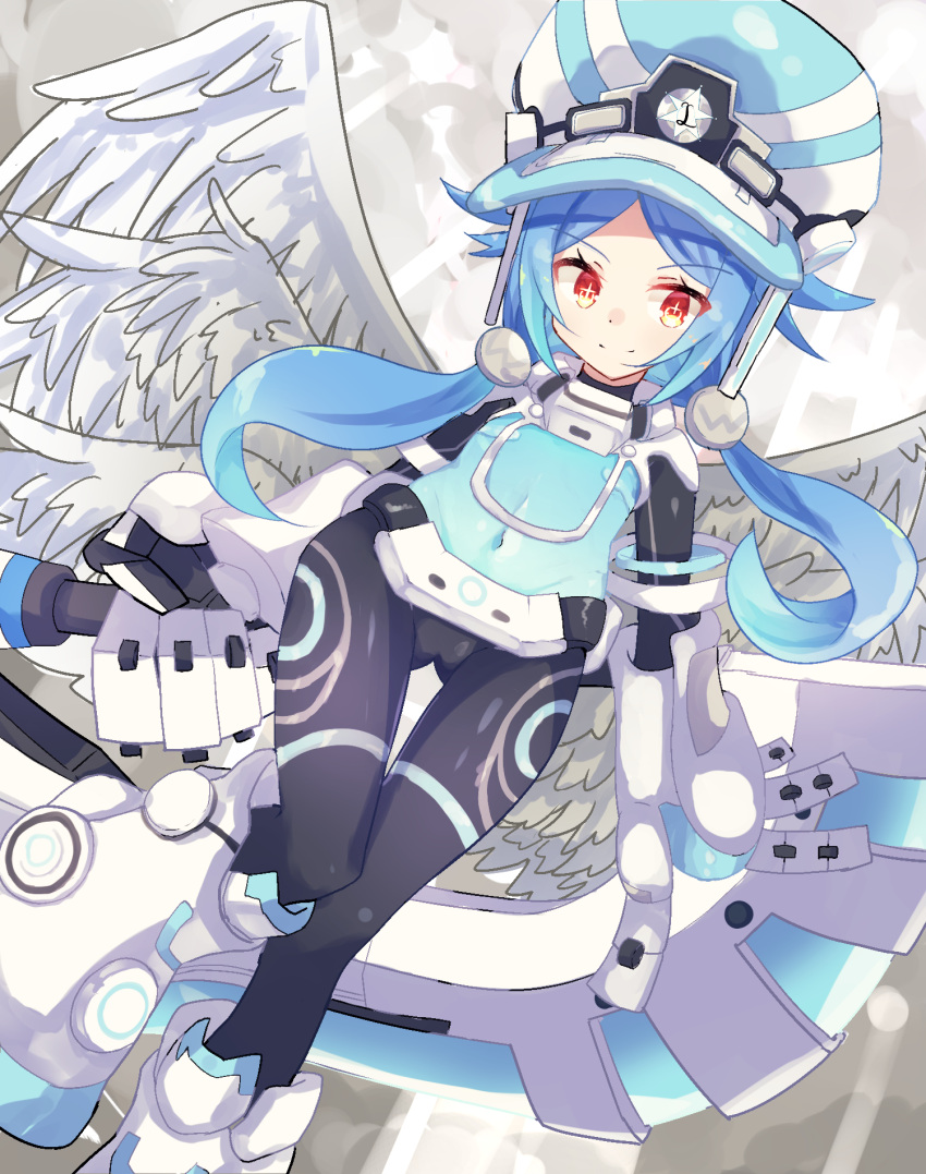 1girl blue_hair bodysuit breasts covered_navel feathers flat_chest gauntlets hair_ornament hat highres long_hair looking_at_viewer neptune_(series) next_white orange_eyes shimeji_wyvern shin_jigen_game_neptune_vii sidelocks smile solo symbol-shaped_pupils white_heart