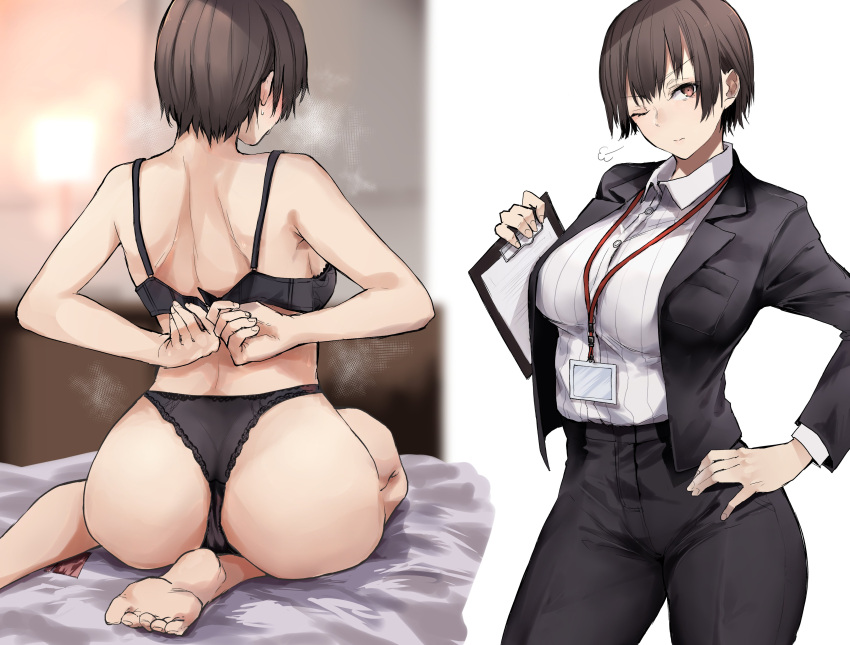 1girl absurdres ass back bangs bare_shoulders barefoot black_bra black_jacket black_panties black_pants bra breasts brown_eyes brown_hair clipboard closed_mouth collared_shirt condom condom_wrapper dress_shirt hand_on_hip highres holding holding_clipboard id_card jacket kyoyakyo lanyard large_breasts looking_at_viewer office_lady one_eye_closed open_clothes open_jacket original panties pants removing_bra shirt short_hair sitting standing unclasped underwear white_background white_shirt