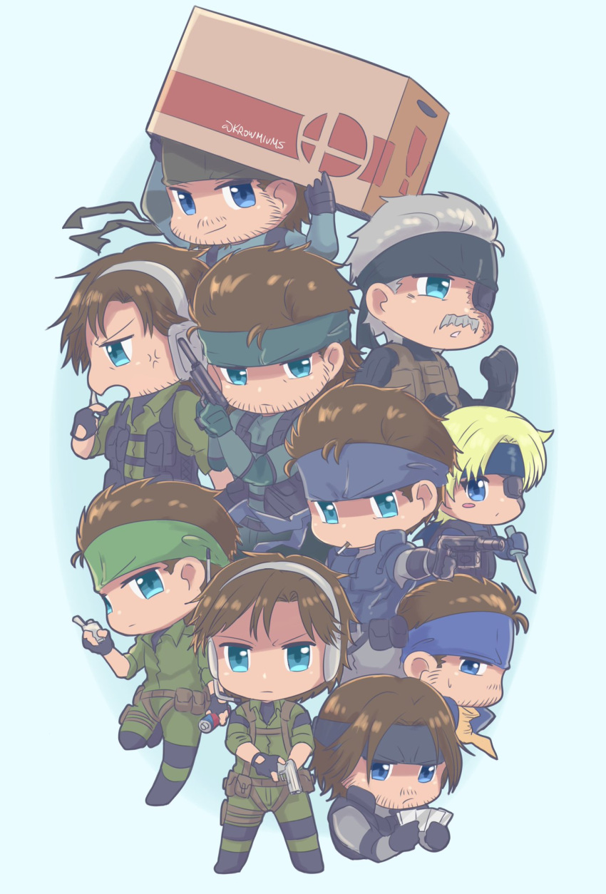 ! beard blonde_hair blue_eyes boots box brown_hair burn_scar can card cardboard_box chibi cigarette facial_hair fingerless_gloves gloves grey_hair gun handgun harness headband headset highres holding holding_knife holding_weapon knife krowmiums lighter md5_mismatch metal_gear_(series) metal_gear_solid multiple_boys mustache old_snake pistol resolution_mismatch scar signature sneaking_suit solid_snake source_larger super_smash_bros. vest weapon