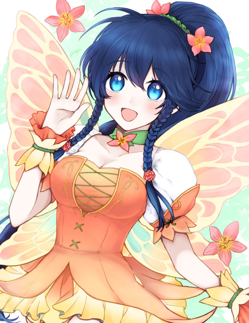 1girl :d blue_eyes blue_hair braid breasts butterfly_wings cleavage collarbone dress fake_wings fire_emblem fire_emblem:_the_sacred_stones fire_emblem_heroes flower hair_flower hair_ornament highres misato_hao open_mouth pegasus_knight ponytail short_sleeves side_braids smile tana_(fire_emblem) twin_braids wings wrist_cuffs