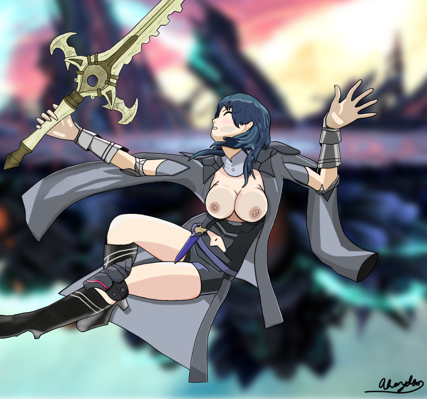 absurdres ahoyden armor armored_dress blue_hair breasts byleth_(fire_emblem) byleth_(fire_emblem)_(female) embarrassed fire_emblem fire_emblem:_three_houses glass highres pressed self_upload super_smash_bros. sword thighs tummy weapon