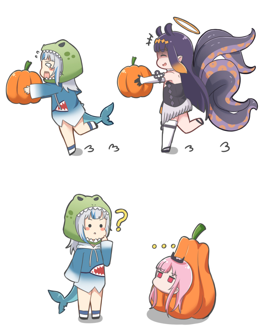 +++ ... 3girls :d :o ? ^_^ bangs bare_shoulders black_dress black_footwear blue_hair blue_hoodie brown_hair closed_eyes commentary drawstring dress empty_eyes eyebrows_visible_through_hair fish_tail fleeing flying_sweatdrops food fruit gawr_gura gradient_hair grey_hair highres holding holding_food holding_vegetable hololive hololive_english hood hoodie mori_calliope multicolored_hair multiple_girls ninomae_ina'nis open_mouth outstretched_arms parted_lips pink_hair profile pumpkin purple_hair red_eyes running rutorifuki shaded_face shadow shark_tail sharp_teeth single_thighhigh smile solid_circle_eyes streaked_hair tail teeth tentacles thighhighs tiara vegetable virtual_youtuber white_legwear wide_sleeves