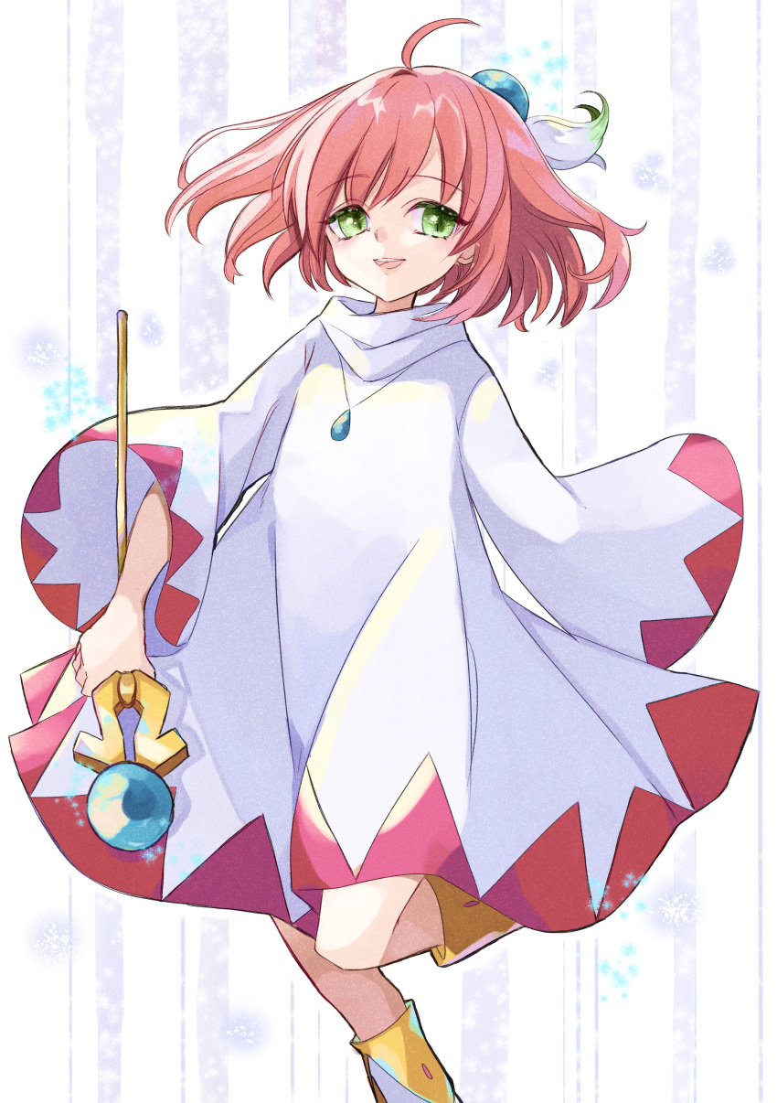 1girl absurdres ahoge final_fantasy final_fantasy_fables hall_jion highres jewelry looking_at_viewer necklace open_mouth pink_hair robe shirma smile solo staff