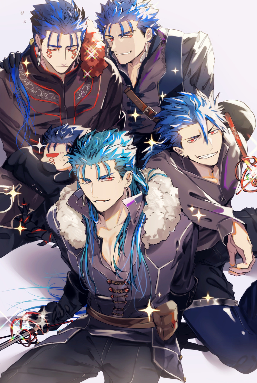 1other 4boys absurdres alternate_costume bag blue_hair chibi closed_eyes closed_mouth collarbone cu_chulainn_(fate)_(all) cu_chulainn_(fate/grand_order) cu_chulainn_(fate/prototype) cu_chulainn_alter_(fate/grand_order) earrings facepaint fate/grand_order fate/prototype fate_(series) fur-trimmed_shirt fur_trim grin highres holding holding_sword holding_weapon jewelry lancer long_hair long_sleeves looking_at_viewer mini_cu-chan_(fate) multiple_boys multiple_piercings one_eye_closed open_mouth pants ponytail popped_collar rapier red_eyes satchel shirt short_hair smile sparkle spiked_hair strap sword the_musketeers_(fate/grand_order) weapon yuu_(guruko)