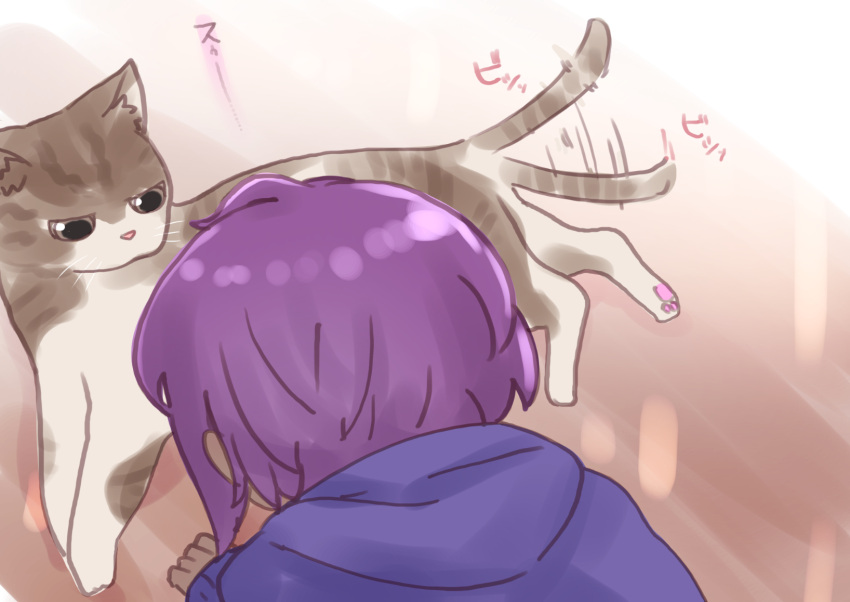 1girl afterimage animal blue_hoodie cat dark_skin dark_skinned_female facing_away fate/prototype fate/prototype:_fragments_of_blue_and_silver fate_(series) hassan_of_serenity_(fate) highres hood hood_down hoodie i.u.y long_sleeves purple_hair sleeves_past_wrists solo tail tail_wagging