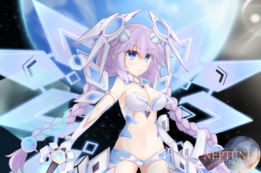 1girl absurdres amo_chenbe blue_eyes blush braid breasts choujigen_game_neptune choujigen_game_neptune_the_animation cleavage commentary_request d-pad d-pad_hair_ornament detached_collar dual_wielding elbow_gloves expressionless full_moon gloves groin hair_between_eyes hair_ornament headgear highres holding holding_sword holding_weapon long_hair medium_breasts midriff moon navel neptune_(series) night outdoors purple_hair purple_heart revealing_clothes solo star_(sky) starry_background sword symbol-shaped_pupils twin_braids twintails very_long_hair weapon white_gloves wings