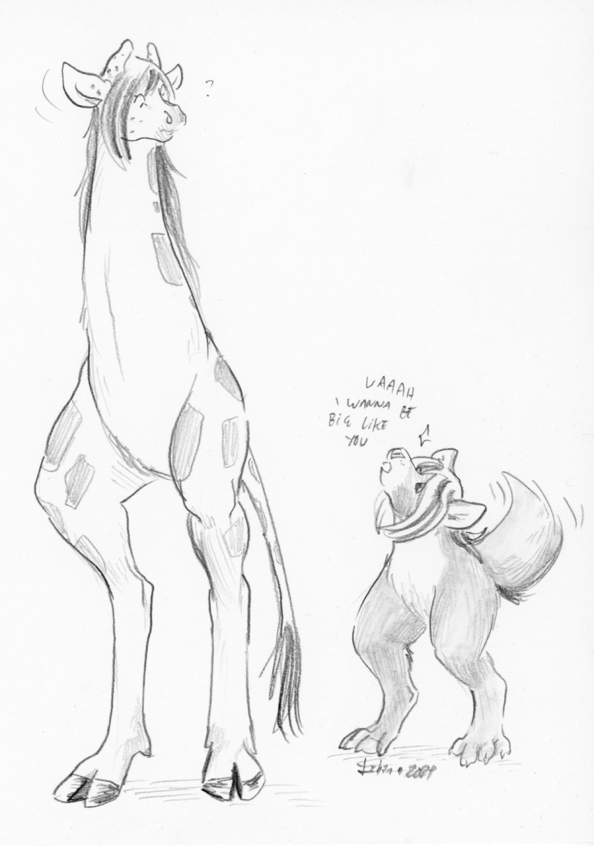 2021 ? ambiguous_gender anthro black_and_white canid canine canis cervelet duo english_text giraffe giraffid graphite_(artwork) halfcut hi_res looking_down looking_up mammal modular monochrome pencil_(artwork) size_difference sketch spots tailwag text traditional_media_(artwork) wolf