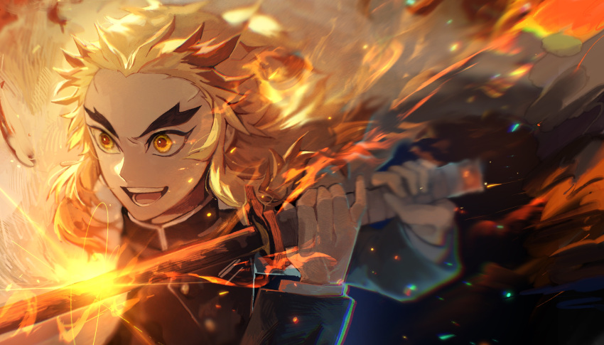 &gt;:) 1boy absurdres anrisanya blonde_hair cape colored_tips flaming_sword flaming_weapon forehead furrowed_eyebrows gakuran high_collar highres katana kimetsu_no_yaiba light_particles long_hair long_sleeves male_focus multicolored_hair open_mouth orange_eyes red_hair rengoku_kyoujurou school_uniform solo sword teeth thick_eyebrows tsurime upper_body weapon white_cape