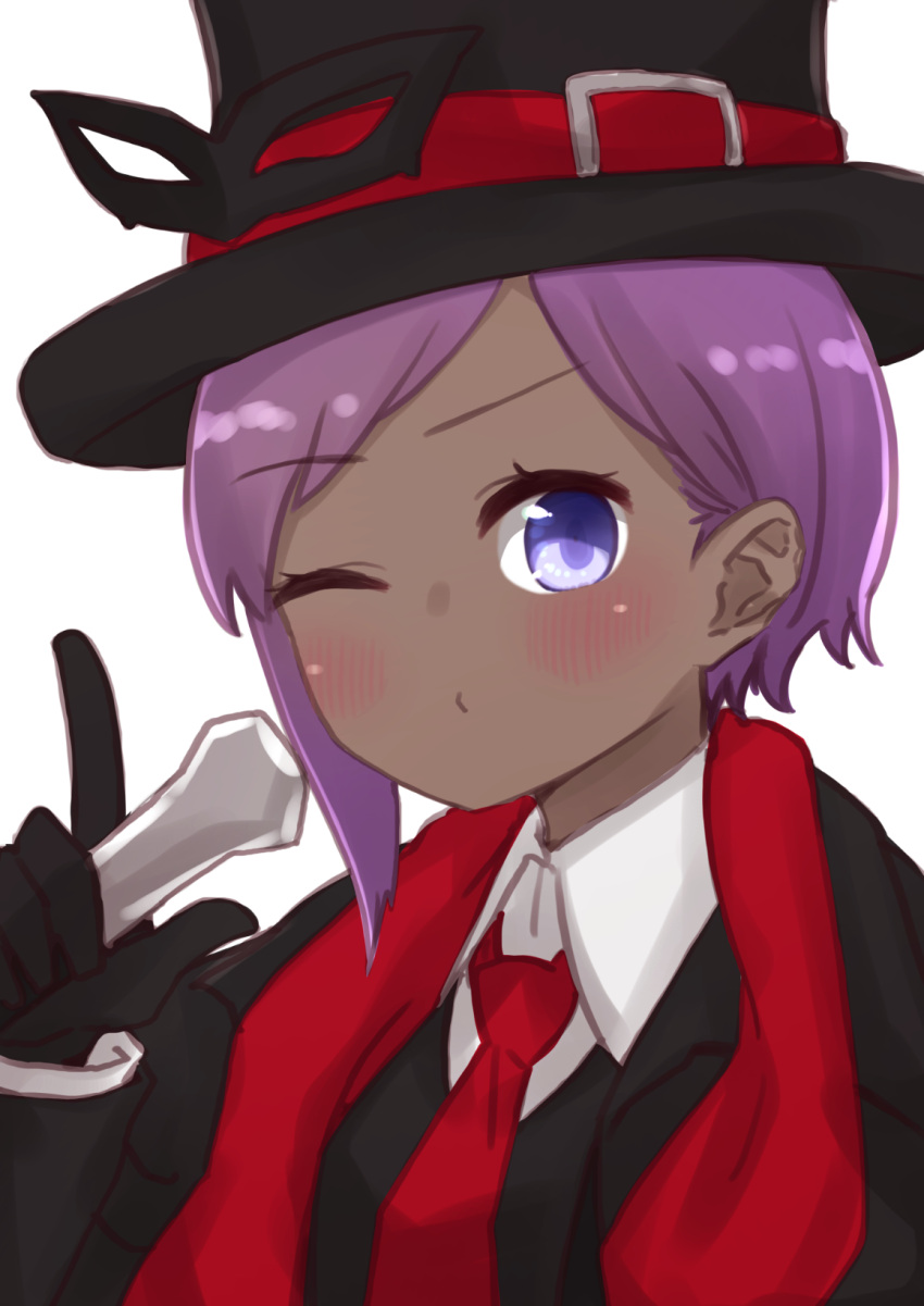 1girl bangs black_gloves black_headwear black_jacket black_vest blush closed_mouth collared_shirt dark_skin dark_skinned_female fate/prototype fate/prototype:_fragments_of_blue_and_silver fate_(series) gloves hand_up hassan_of_serenity_(fate) hat highres holding i.u.y index_finger_raised jacket long_sleeves looking_at_viewer necktie one_eye_closed open_clothes open_jacket purple_eyes purple_hair red_neckwear shirt simple_background solo swept_bangs top_hat upper_body vest white_background white_shirt