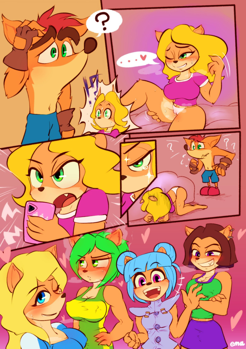 &lt;3 ? activision ami_bandicoot anthro aroused bandicoot blonde_hair blue_hair brown_hair clothing comic confusion crash_bandicoot crash_bandicoot_(series) ema_npr female green_eyes green_hair group hair hi_res isabella_bandicoot liz_bandicoot male mammal marsupial megumi_bandicoot nitro_squad panties right_to_left tawna_bandicoot underwear video_games