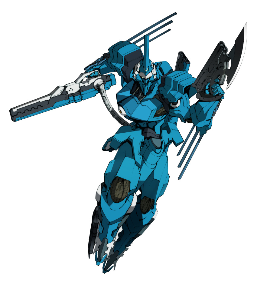 absurdres bayonet dual_wielding floating gun handgun highres holding holding_gun holding_weapon kurogane_no_linebarrel looking_at_viewer mecha no_humans pistol science_fiction shimoguchi_tomohiro solo vardant weapon white_background white_eyes