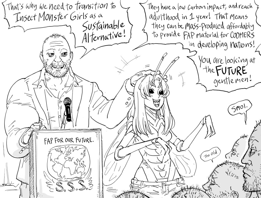 1girl antennae bb_(baalbuddy) beard collared_shirt coomer crowd english_text environmentalism facial_hair fewer_digits formal greyscale highres insect_girl insect_wings microphone monochrome monster_girl multiple_boys original pedophile podium sharp_teeth shirt simple_background smile stubble suit swimsuit teeth wings
