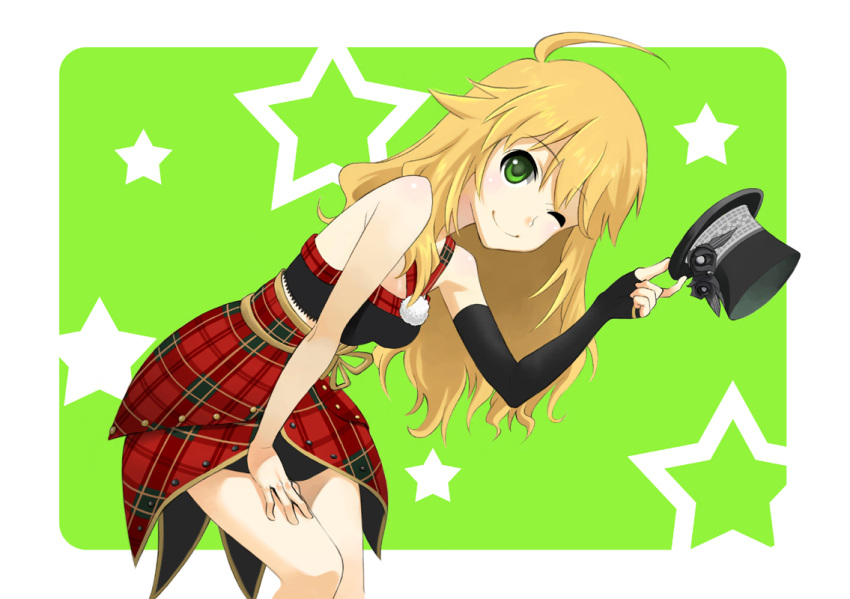 1girl ;) asymmetrical_gloves bangs black_gloves black_headwear blonde_hair border breasts elbow_gloves eyebrows_visible_through_hair fingerless_gloves gloves green_background green_eyes hair_between_eyes hand_on_lap hat high-waist_skirt holding holding_clothes holding_hat hoshii_miki idolmaster idolmaster_(classic) leaning_forward long_hair looking_at_viewer medium_breasts miniskirt one_eye_closed plaid plaid_skirt red_skirt shiny shiny_hair single_glove skirt sleeveless smile solo standing star_(symbol) ueyasu very_long_hair white_border