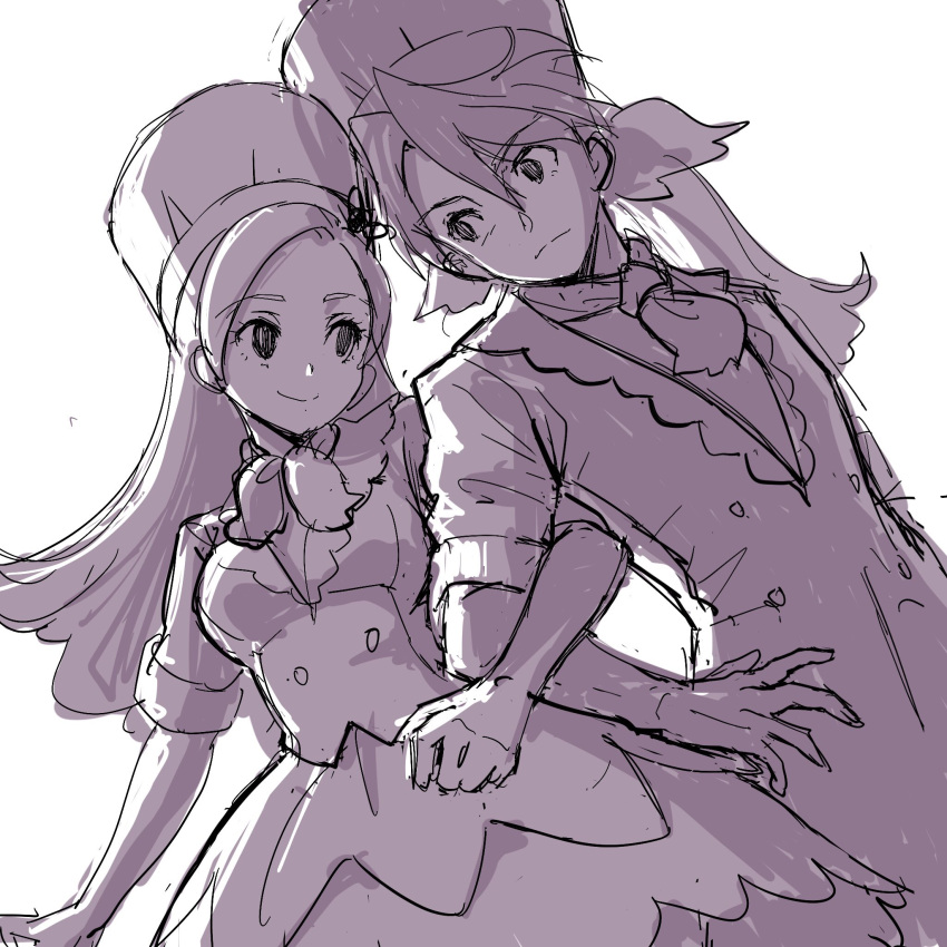 1boy 1girl bow brother_and_sister camembert_chizuko chef_hat chef_uniform dress eyebrows_visible_through_hair forehead greyscale hair_bow hat highres julio_(precure) kirahoshi_ciel kirakira_precure_a_la_mode lineart locked_arms long_hair long_jacket looking_at_another monochrome neckerchief older ponytail precure short_sleeves siblings simple_background sketch smile toque_blanche twins upper_body white_background