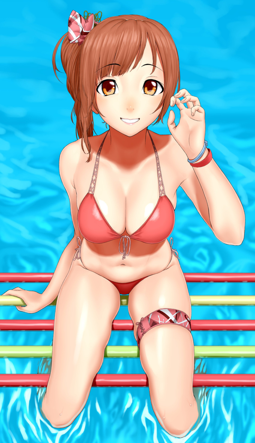 1girl absurdres arm_support bangs bikini bow bracelet breasts brown_hair claw_pose cleavage collarbone cross-laced_clothes eyebrows_visible_through_hair from_above front-tie_bikini front-tie_top gishu grin hair_bow halter_top halterneck hand_up highres idolmaster idolmaster_cinderella_girls igarashi_kyouko jewelry lipstick long_hair looking_at_viewer looking_up makeup medium_breasts medium_hair navel open_mouth orange_eyes parted_bangs pink_bow pink_lips red_bikini shiny shiny_skin side-tie_bikini side_ponytail sidelocks sitting skindentation smile soaking_feet solo spread_legs straight_hair string_bikini swimsuit thigh_strap water