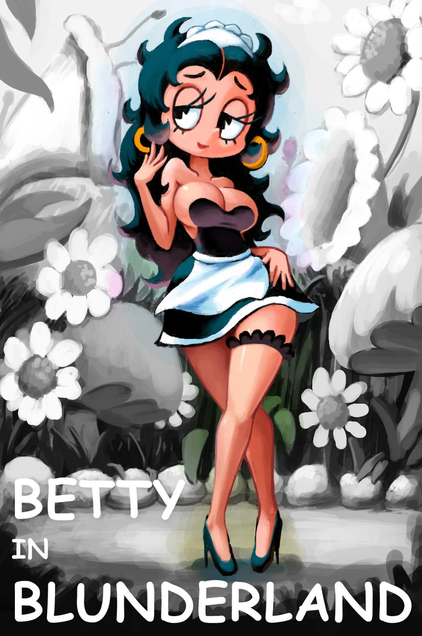 1girl betty_boop betty_boop_(character) breasts cleavage earrings highres jewelry long_hair maid md5_mismatch medium_breasts minus8 smile solo