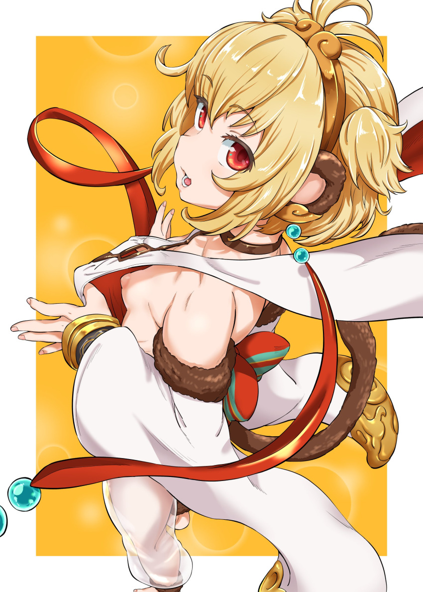 1girl absurdres andira_(granblue_fantasy) animal_ears bare_shoulders blonde_hair blush breasts choker clothes_pull detached_leggings detached_sleeves erune eyebrows_visible_through_hair granblue_fantasy hagoromo hairband highres looking_at_viewer looking_back monkey_ears monkey_girl monkey_tail open_mouth pulled_by_self red_eyes see-through shawl short_hair small_breasts solo sugoihi tail two-tone_background
