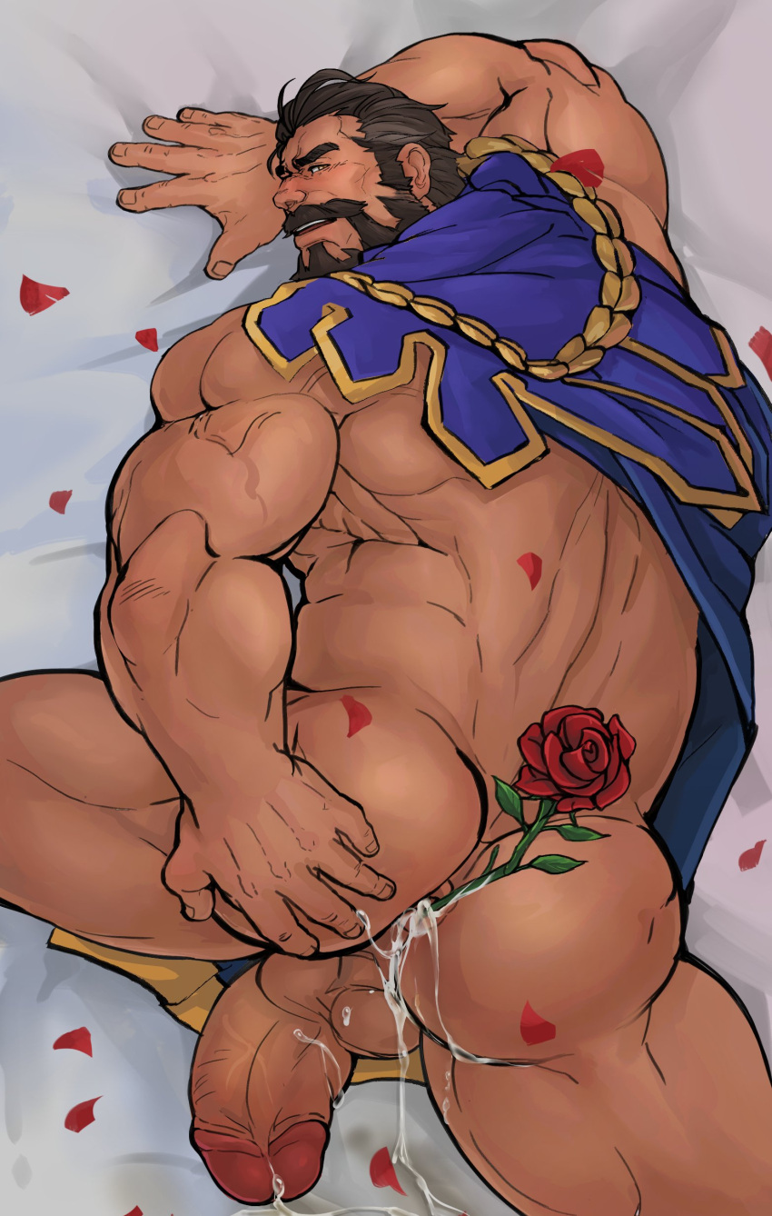 1boy absurdres ass_grab bara bed_sheet brown_hair cape cum cum_in_ass dark_skin dark_skinned_male erection facial_hair flower glensaru goatee hair_slicked_back happy_sex highres implied_yaoi league_of_legends lying malcolm_graves male_focus mature_male muscular muscular_male mutton_chops on_bed on_stomach petals purple_cape rose rose_petals short_hair smile solo thick_thighs thighs veins