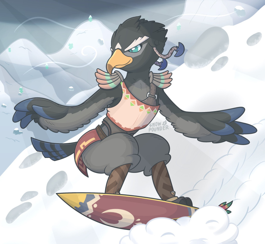 anthro armor avian black_body black_feathers blue_body blue_feathers breath_of_the_wild feathers hi_res leather leather_armor male mountain nintendo ravizo rito shield snow snow_pounder_(artist) solo surfing the_legend_of_zelda video_games wind