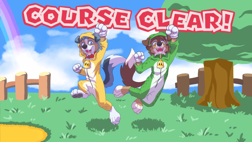 anthro australian_shepherd blue_eyes blue_merle brown_eyes canid canine canis cat_costume clothing costume domestic_dog duo female grass herding_dog kade_(savestate) male male/female mammal mario_bros nicole_(savestate) nintendo pastoral_dog plant red_merle savestate sheepdog spots super_mario_3d_world tim_weeks tree video_games