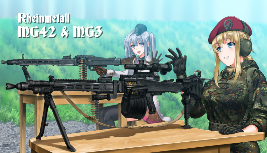 2girls ammunition_belt beret bipod blonde_hair blue_eyes camouflage drum_magazine emblem flashlight german_flag girls_frontline gloves grass gravel gun hat headphones henshako highres laser_sight light_machine_gun looking_at_another machine_gun mg3 mg3_(girls_frontline) mg42 mg42_(girls_frontline) military military_uniform multiple_girls necktie open_mouth pleated_skirt purple_eyes scope sight skirt sling table trigger_discipline twintails uniform waving weapon white_hair woodland_camouflage