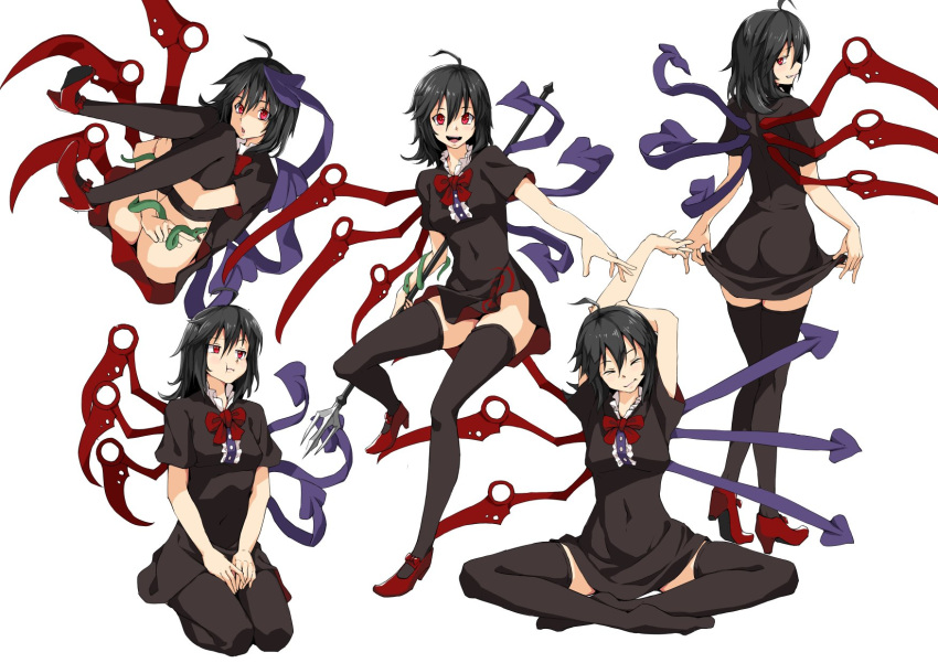 1girl :d :o :t arms_up ass asymmetrical_wings bangs black_dress black_hair black_legwear blue_wings bow bowtie breasts buttons center_frills closed_eyes closed_mouth commentary dress frilled_dress frills full_body grin highres holding holding_pitchfork houjuu_nue indian_style leg_hug looking_at_viewer looking_back looking_to_the_side mary_janes medium_breasts medium_hair multiple_views open_mouth pitchfork red_bow red_eyes red_footwear red_neckwear red_wings shoe_bow shoes short_dress short_sleeves simple_background sitting smile snake stretch sy4 thighhighs touhou wariza white_background wings