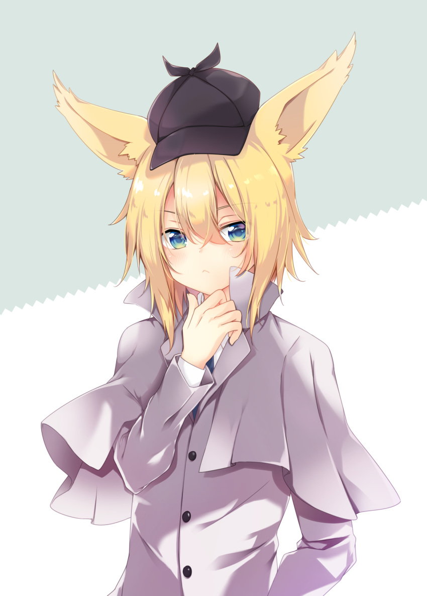 1girl animal_ear_fluff animal_ears bangs black_headwear blonde_hair blue_eyes blue_neckwear blush closed_mouth collared_shirt commentary_request eyebrows_visible_through_hair green_background grey_capelet grey_jacket hair_between_eyes hand_up hat highres jacket long_hair long_sleeves looking_at_viewer natsuki_yuu_(amemizu) necktie original shirt solo two-tone_background upper_body white_background white_shirt