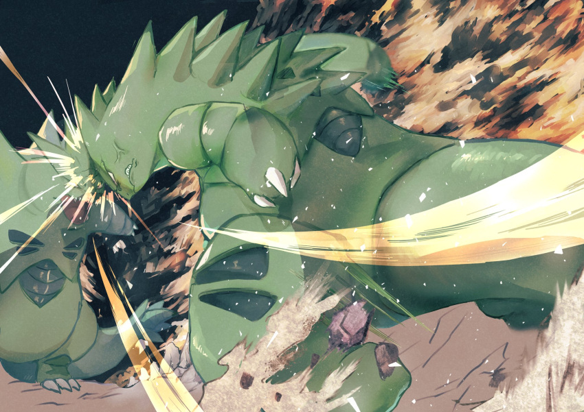 anger_vein attack battle claws clenched_teeth closed_mouth gen_2_pokemon headbutt highres kajitsu_ohima leaning_forward no_humans open_mouth pokemon pokemon_(game) pokemon_gsc spikes standing teeth tyranitar