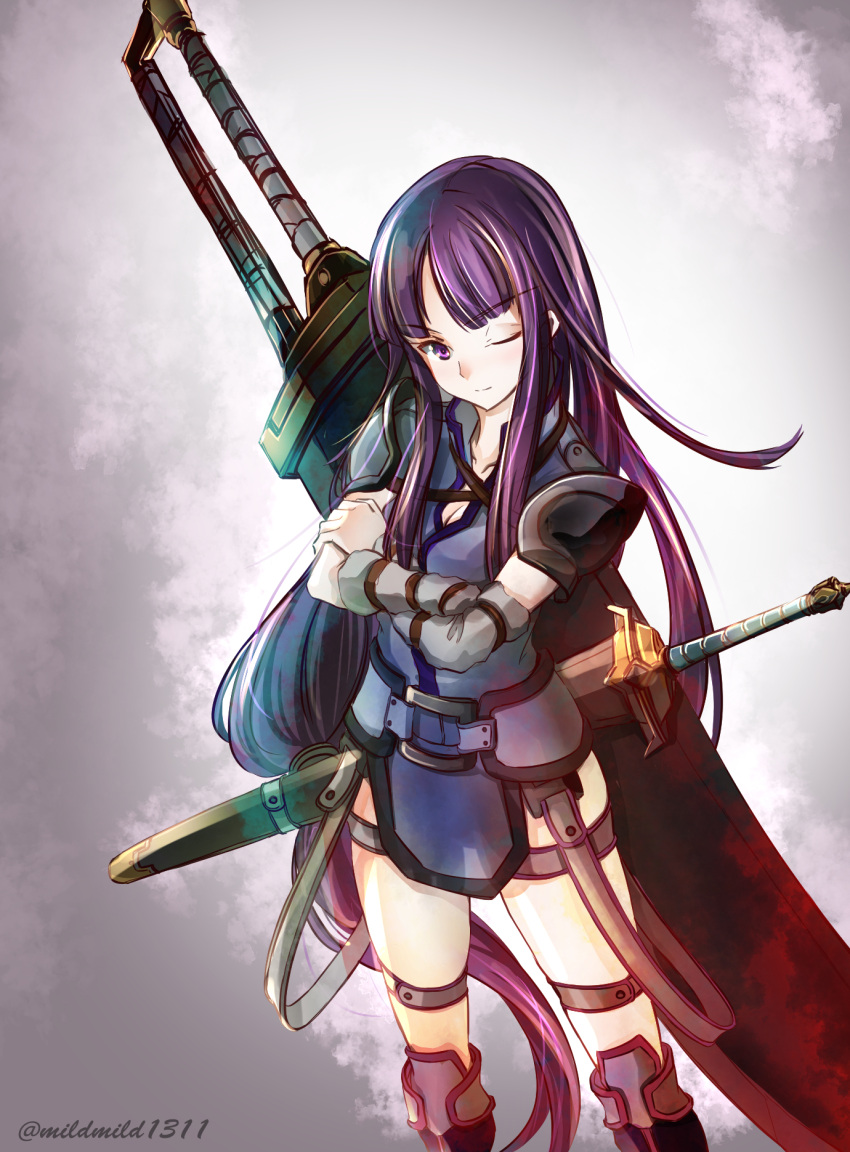 1girl adapted_costume alternate_costume altina arm_guards armor bloom clear_glass_(mildmild1311) crossed_arms detached_sleeves dress fire_emblem fire_emblem:_radiant_dawn fire_emblem_heroes highres huge_weapon looking_at_viewer one_eye_closed purple_eyes purple_hair sheath sheathed shoulder_armor solo sword twitter_username weapon